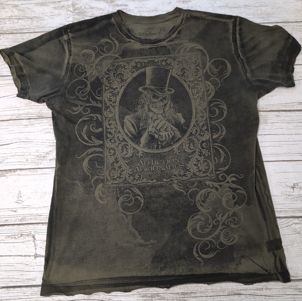 Affliction Afficionado Dark Green Playing Card Skull Top Hat Y2K Shirt Size XL